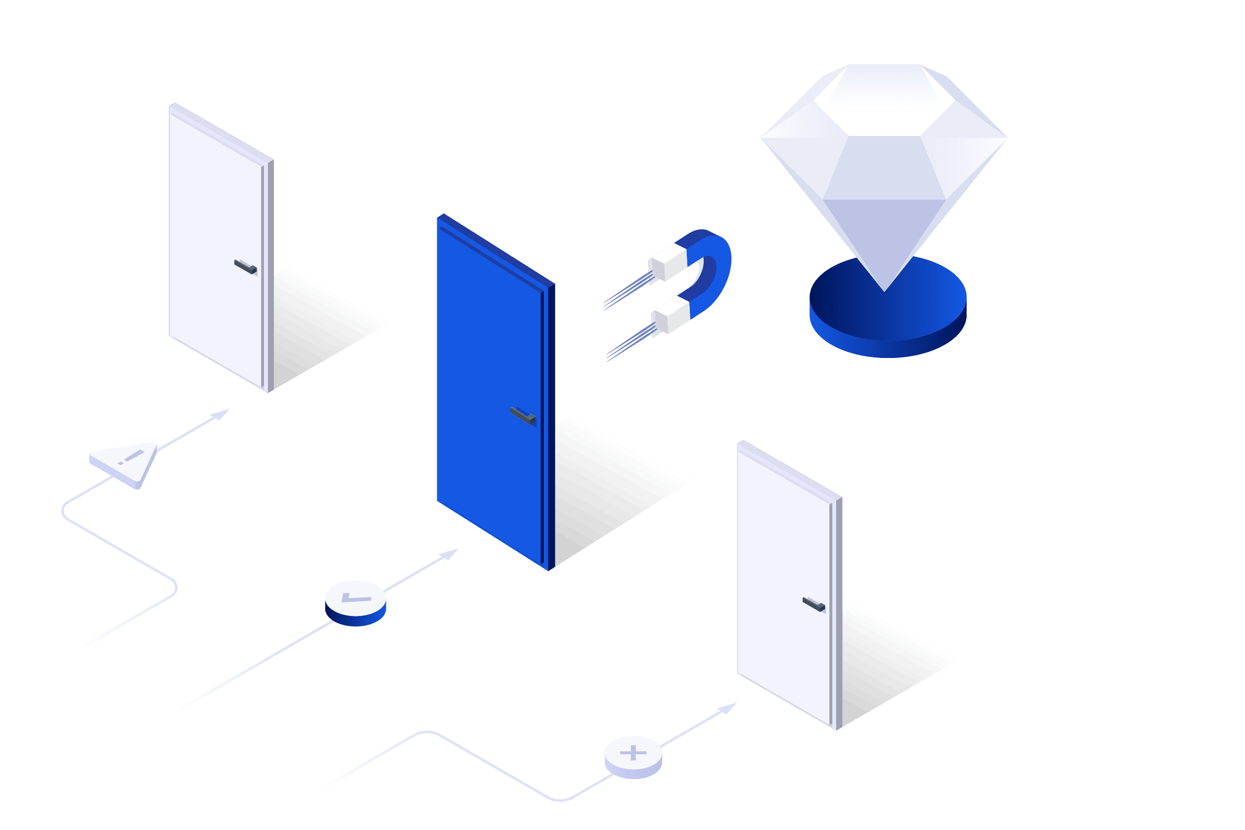 illustration of doors being concept choices and the attractive concept is highlighted door color and a diamond